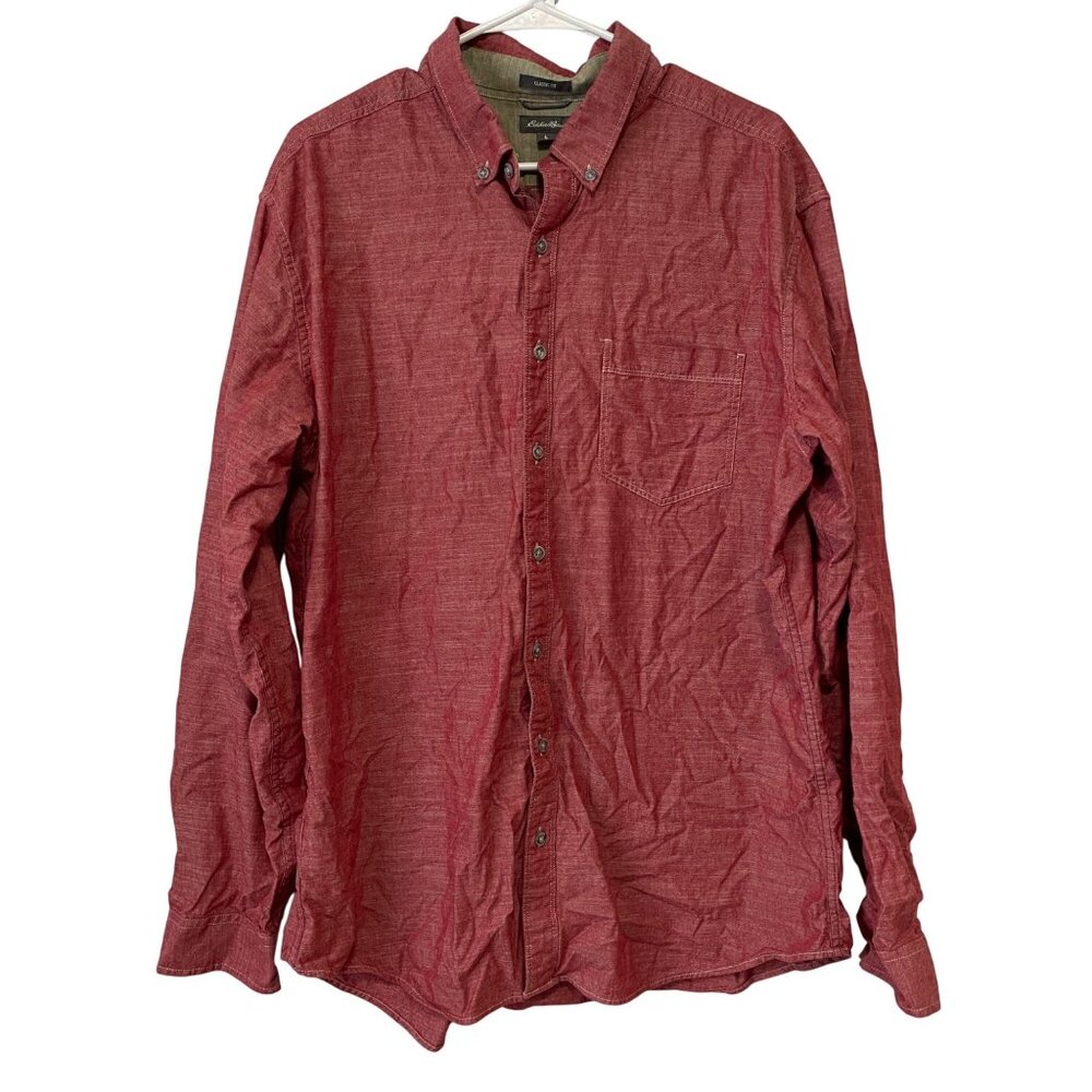 Eddie Bauer Mens Red Button-Up Long Sleeve Shirt Classic Fit XL Tall 100% Cotton